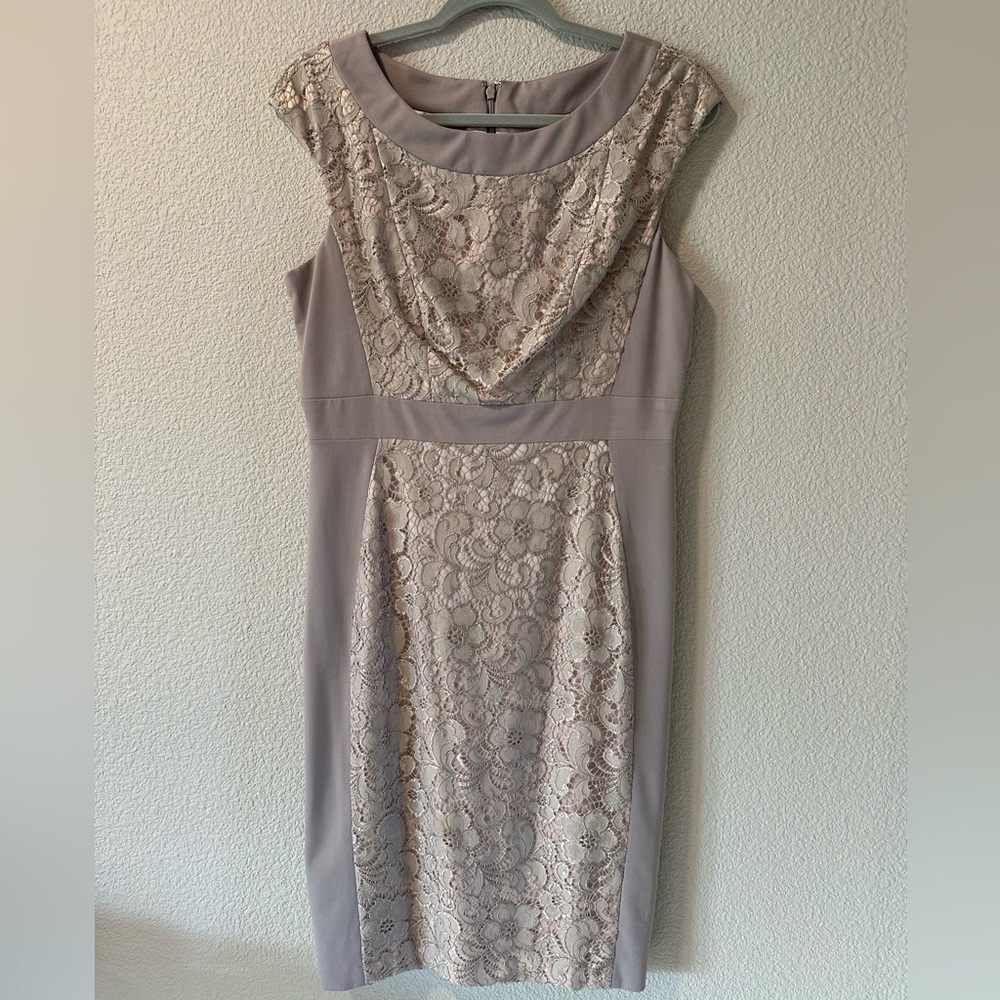 JAX Taupe Lace Overlay Sheath Dress - Size 12